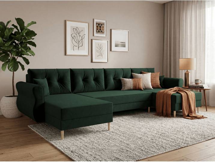 AKTION Ausziehbare Wohnlandschaft in U-Form SILVIANO 300x140 cm, dunkelgrün + 2 Kissen GRATIS II. Wahl