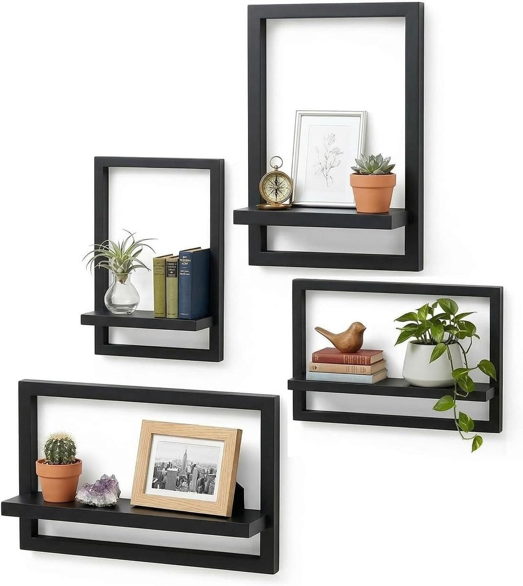 Set van 4 Zwarte Zwevende Wandplanken van Massief Hout voor Decoratie en Opslag