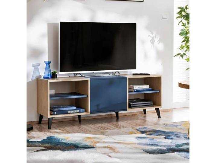 komodee Meuble TV Fondi bleu bois clair avec porte et 2 etageres 136 x 35x 49 cm pour salon chambre
