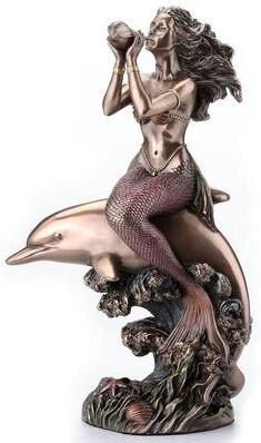Veronese Design 8.27 inches Height Cold Cast Bronze Mermaids Call on the Back of A Dolphin Bronze Finish Figurine