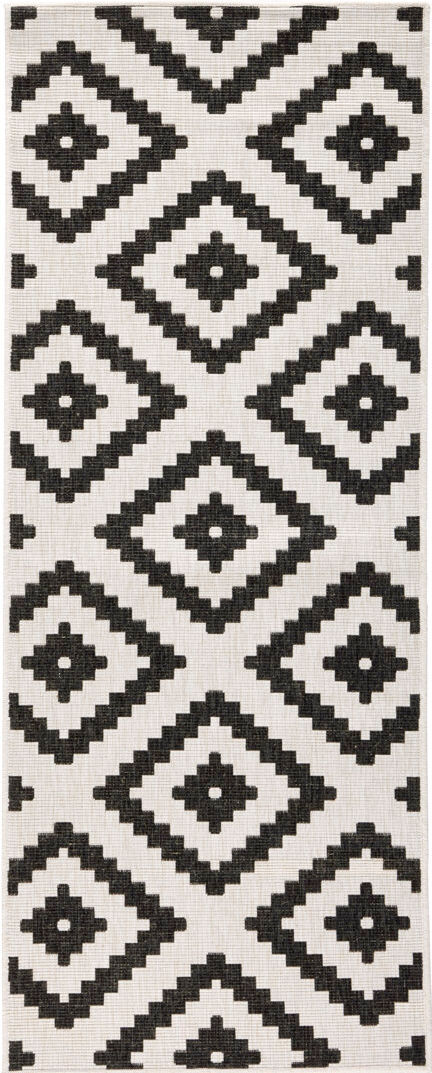 Northrugs Malta - Indoor & outdoor rug, flat weave, living room, balcony, terrace, geo pattern - black cream Runner 80 x 350cm