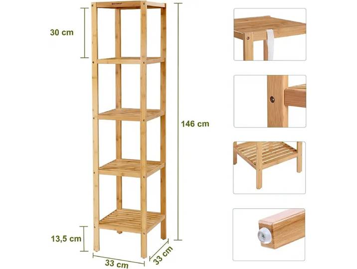 JOYFURNOS Étagère sur Pied en Bambou à 5 Niveaux pour Salle de Bain, Cuisine, Salon, Chambre - 33x33x146 cm
