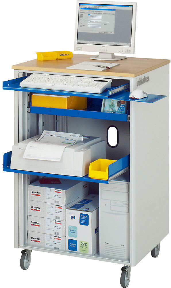 Computer-Arbeitsplatz, HxBxT 1100 x 720 x 660 mm, fahrbar, anthrazit-metallic / enzianblau RAU