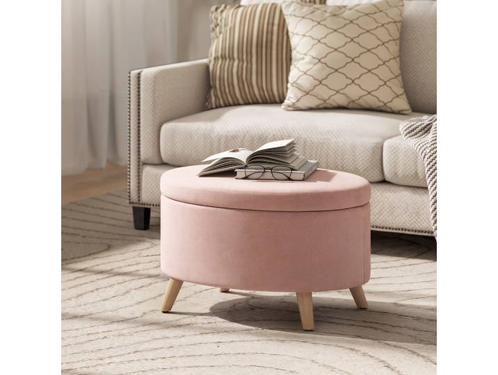 HOMCOM Pouf Ovale Velours Rose Clair avec Rangement et Pieds Bois
