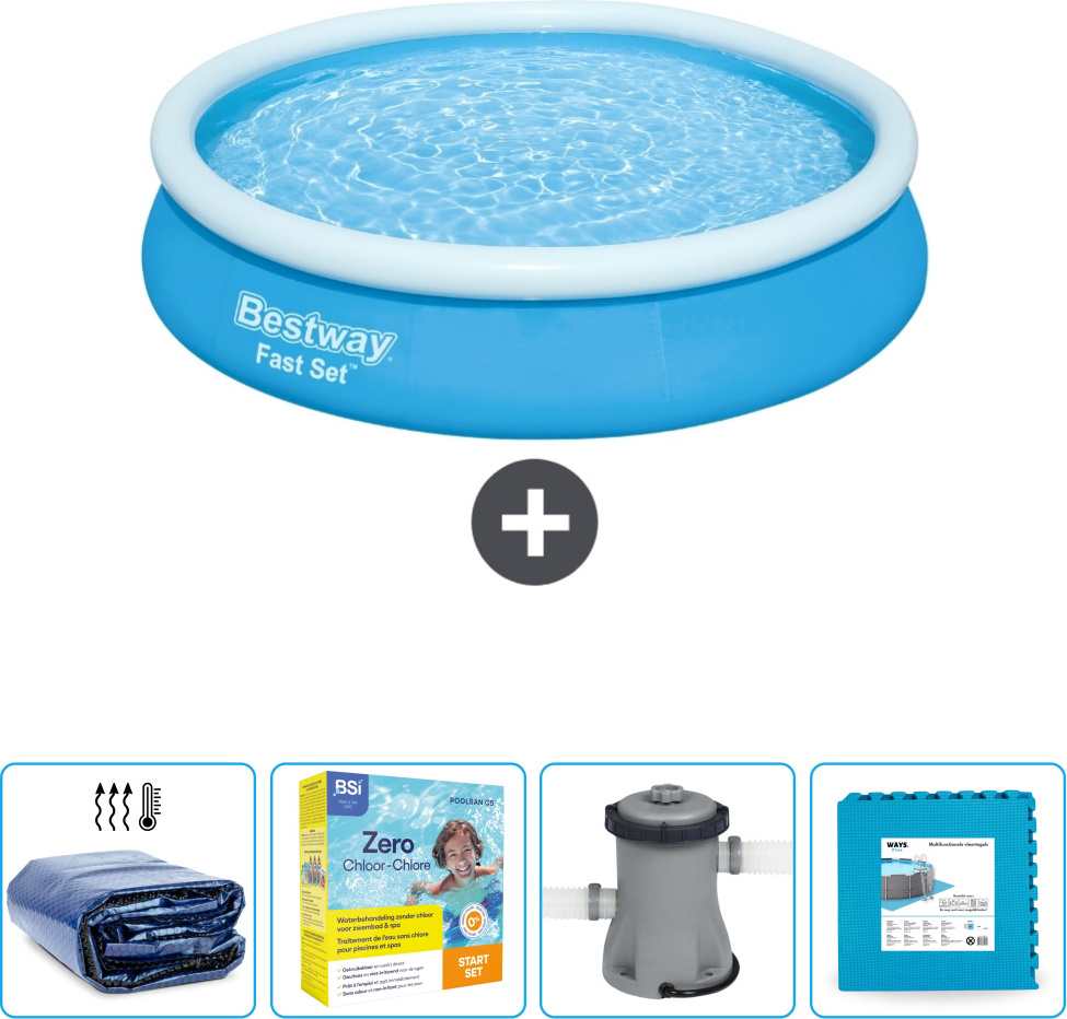 Bestway runder aufblasbarer Fast-Set-Pool - 366 x 76 cm - Blau - im Lieferumfang enthalten Sonnensegel - Wartungspaket - Pumpe - Bodenfliesen