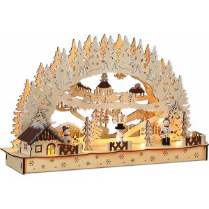 Monzana Schwibbogen Winterdorf, natur, 8 LEDs mit Batteriebetrieb, aus Holz, 45 x 28 cm