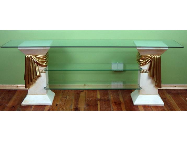 Xlmoebel Glastisch Elegante Vitrine aus Glas mit Säulen für stilvolle Wohnräume (Packung, Regal mit Schärpe Material: Acryl/Stuck 57 cm Höhe), Hergestellt in Europa