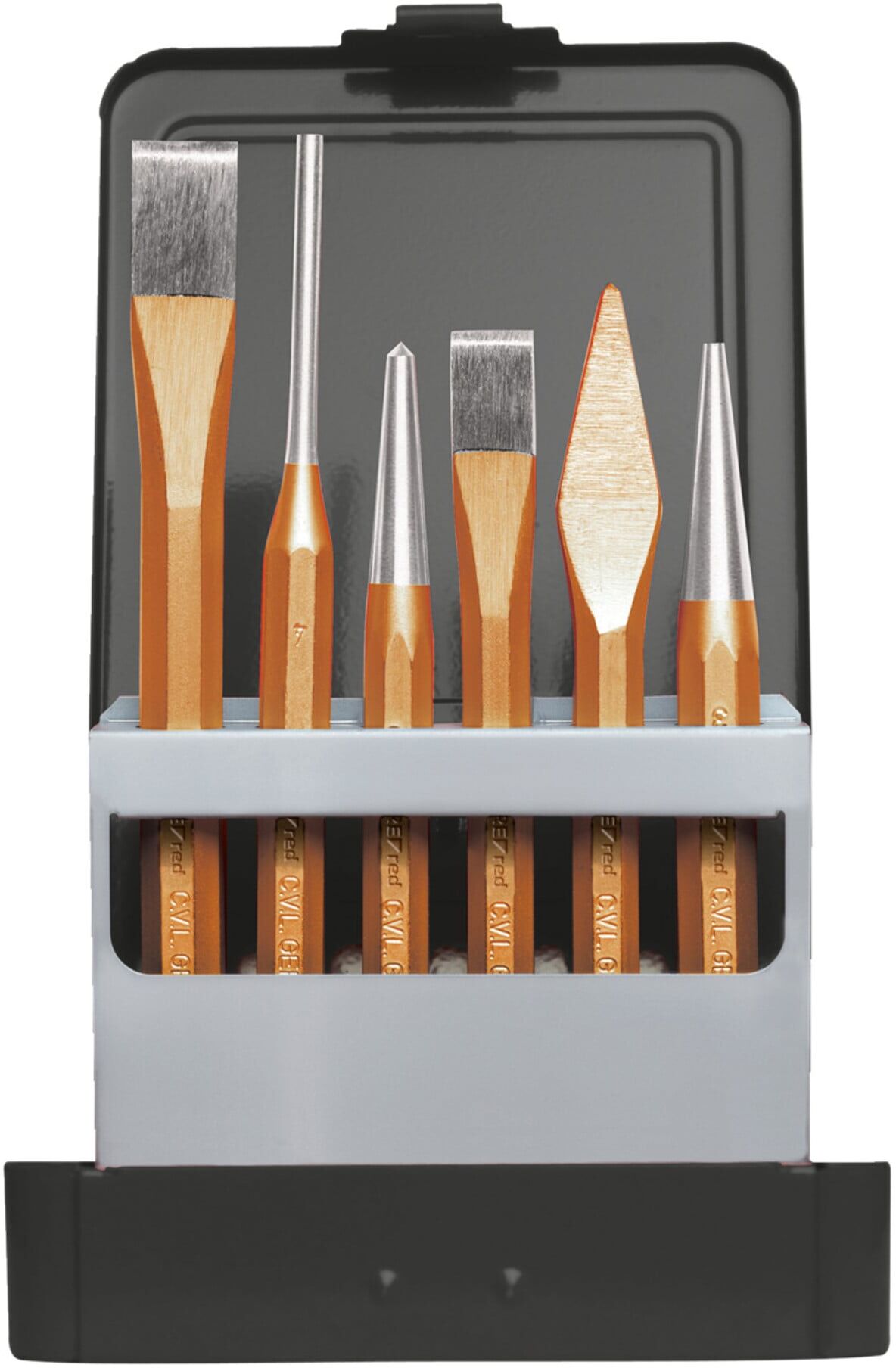 Gedore red Werkzeugsatz, Schlagwerkzeug-Set, 6-teilig, gefüllt, in Metallkassette, Meißel, Körner, Treiber, R90000006 (3300826)