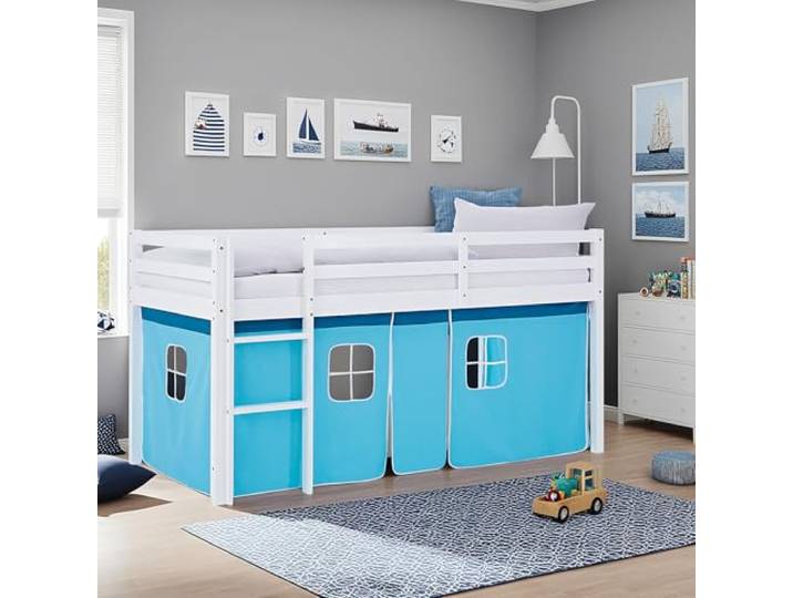 Homestyle4u Hochbett 90x200 Blau - Kinderbett mit Vorhang & Lattenrost Massivholz Kiefer Spielbett - Hellblaues Stoffset - Sichere Leiter & Rausfallschutz - Platzsparendes Kinderzimmerbett