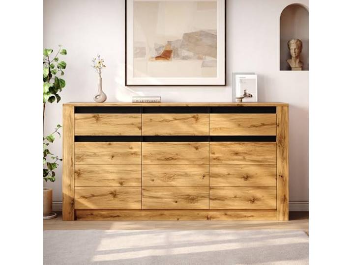 Kommode Sideboard Naturholz mit 3 Schubladen 3 Schränken,140x35x70 cm Höhenverstellbare Böden, geräuschdämpfende Scharniere, für Schlafzimmer Wohnzimmer Flur