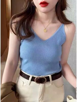 Retailers Go Solid V Neck Elastic Knitted Suspender Camis, Korea Summer Tops New, Women's Tanks Clothing Basics Shirt blue