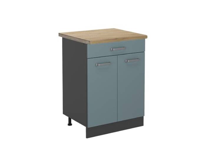 Vicco Küchenunterschrank R-Line, Blau-Grau, 60 cm 1 Schublade · Arbeitsplatte Eiche · Höhenverst. Füße · Metallgriffe · Leichter Zugriff