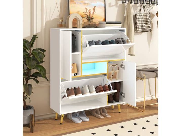 ELVORIN Meuble a chaussures LED blanc 80 x 25 x 96 cm facade brillante details dorees portes reglables
