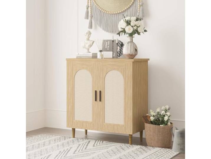 LuxFocus Sideboard 2 Türen Rattan-Geflecht Holz MDF Moderner Buffetschrank mit viel Stauraum für Esszimmer, Küche und Flur mit natürlicher Holzoptik