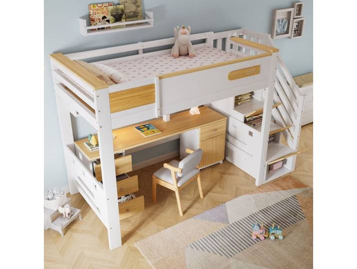 Hochbett 90x200 cm AESVAR blanc et naturel avec bureau tiroirs et escalier de rangement
