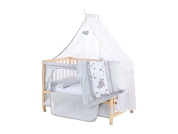 roba Beistellbett 60 x 120 cm - Jumbotwins - Babybett zum Anstellen - Inklusive Matratze, Bettwäsche, Himmel im Elefanten Design - Mobil & Höhenverstellbar - Holz Natur