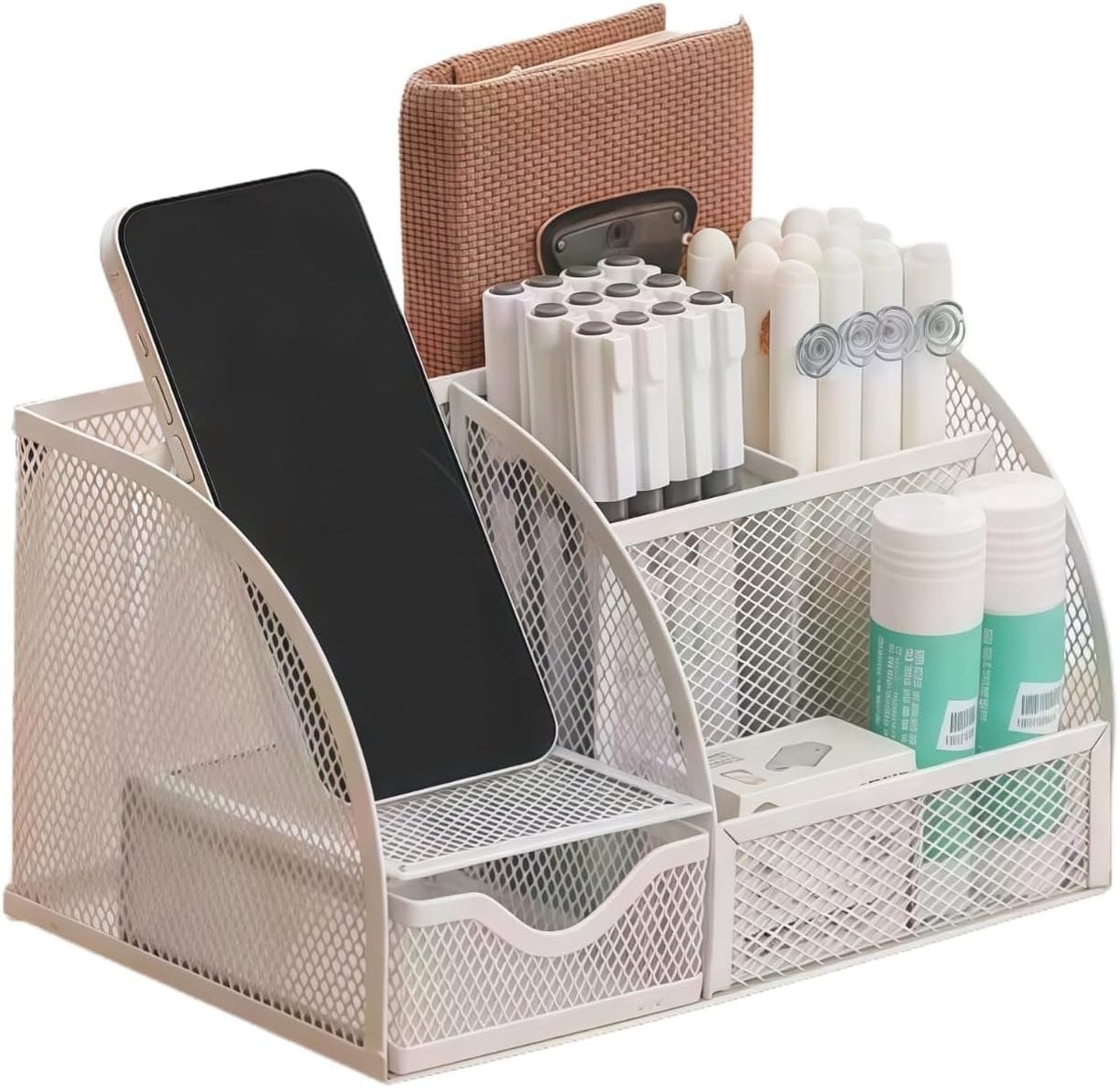 Organiser voor Bureau met 7 Lades en Pennenhouder, Wit, Metalen Bureauaccessoires