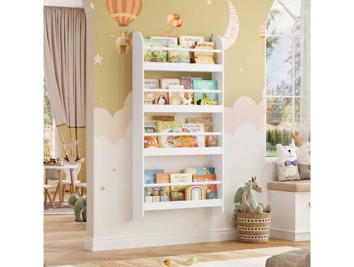 Getone Bibliotheque Enfant Bibliotheque Murale avec 4 Étagères Etagere de Rangement Murale pour Chambre d'enfants pour Livres Jouets en Bois ‎Blanc 113x59x12cm