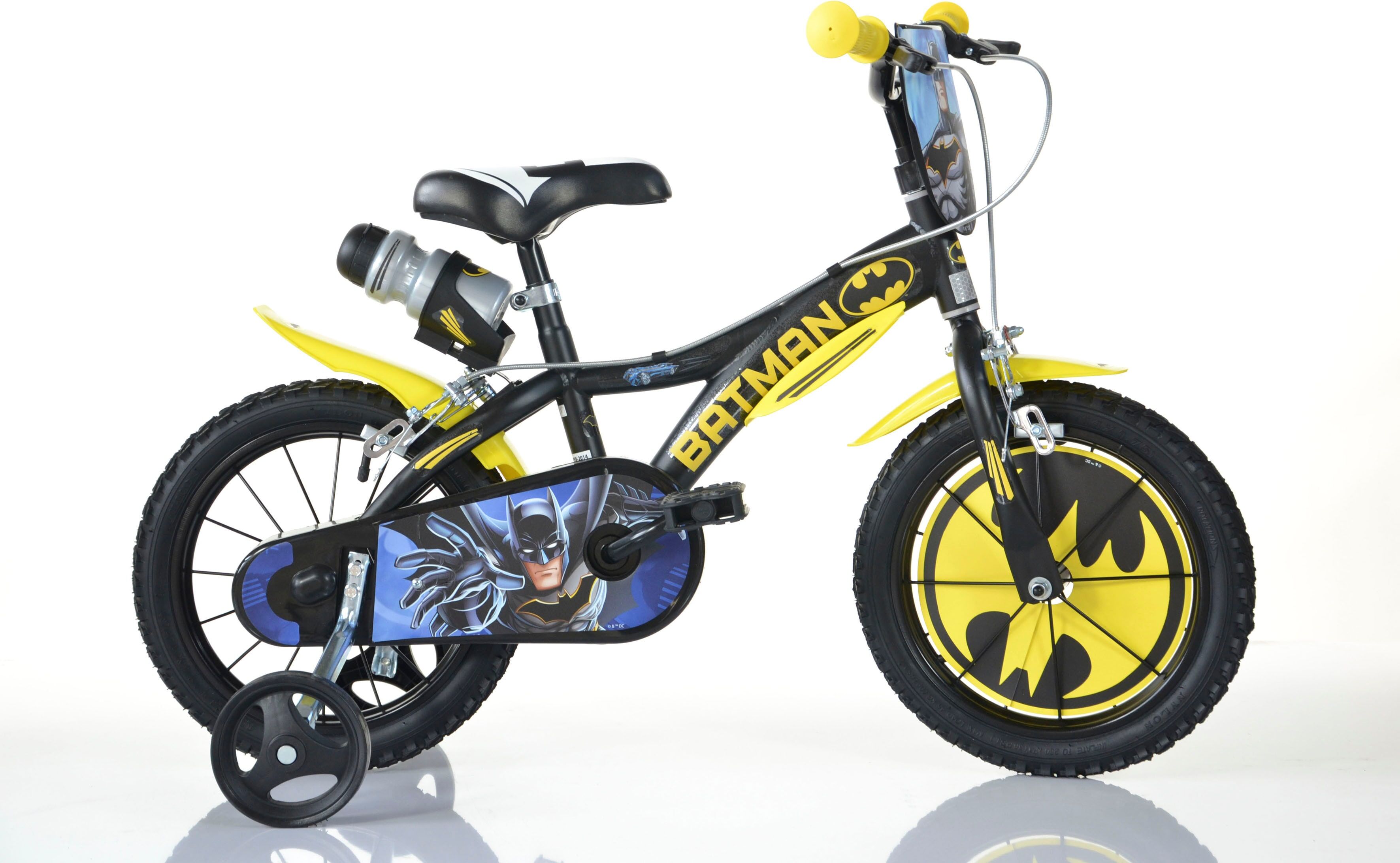 Kinderfahrrad DINO BIKES "16" Batman Kinderfahrrad Jugenfahrrad Freilauf 4–7 Jahre Stützräder" Gr. 25, schwarz, Fahrräder, Kinder, 25cm, 14 Zoll (35,56cm), Kinderfahrrad, mit Stützrädern, Trinkflasche und Frontschild schwarz 25cm, 14 Zoll (35,56cm)