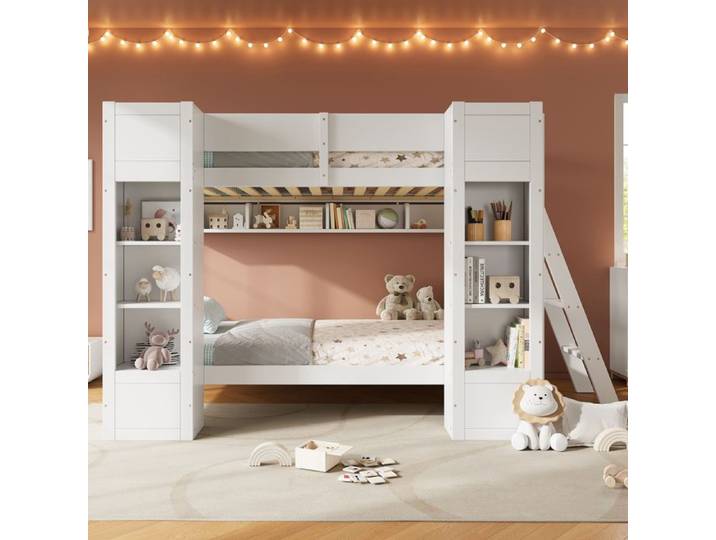 Lit superposé 90 x 200 cm avec rangement en MDF blanc 252 x 116 5 x 150 cm