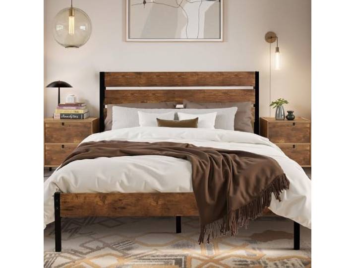 VECELO Bettgestell 140 x 200 cm, Metallbett mit Dick Holzkopfteil und Lattenrost, Doppelbett mit Stauraum unter dem Bett, perfekt für Schlafzimmer,Braun