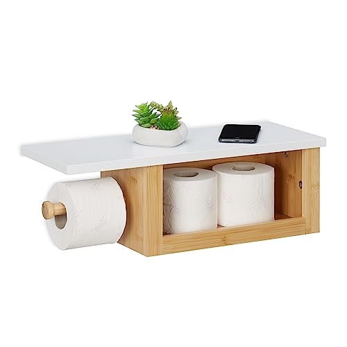 Relaxdays wc rolhouder met plankje en reservehouder, bamboe, wit/beige