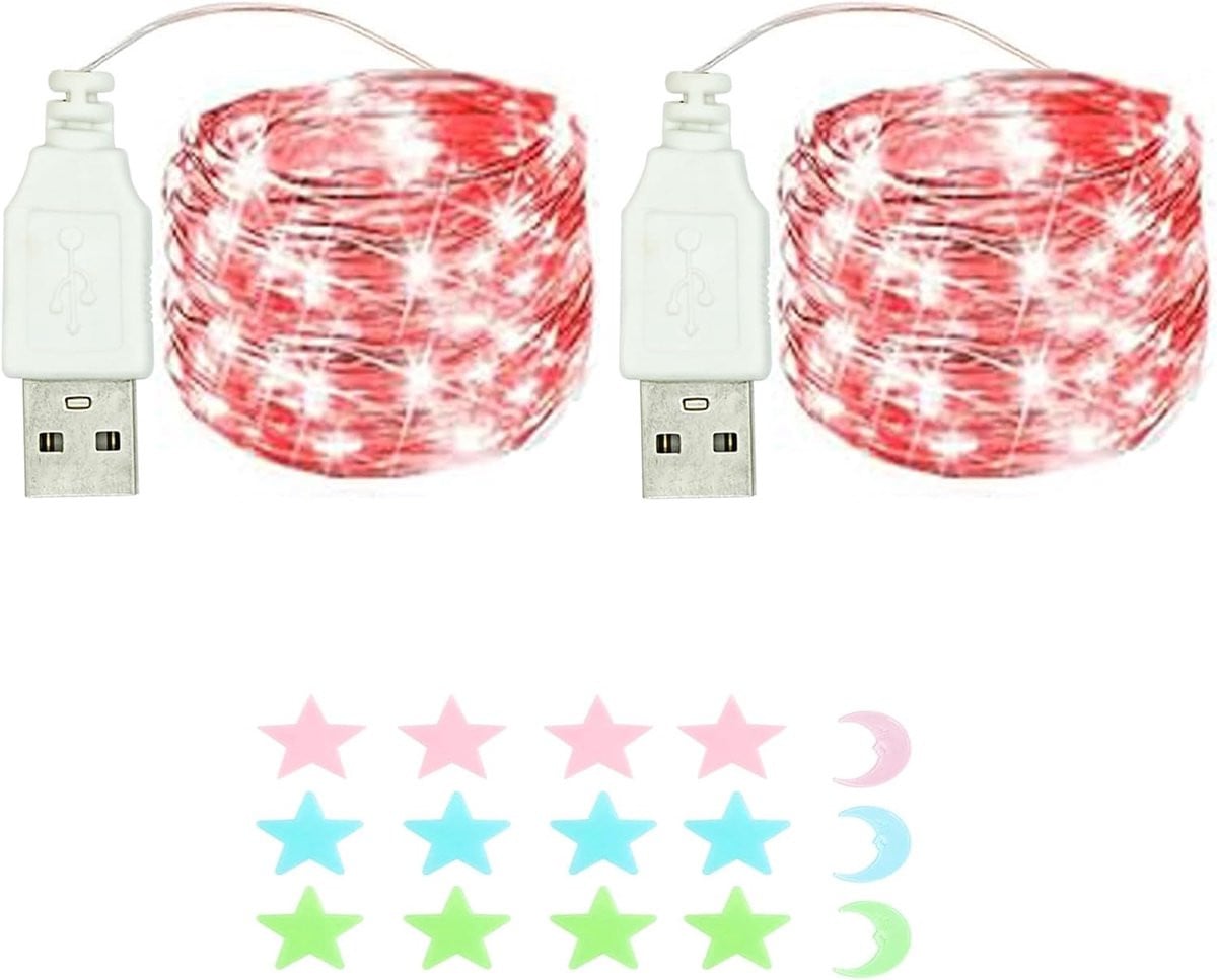 Set van 2 waterdichte LED-lichtslingers met USB-voeding, 5 meter, Rood