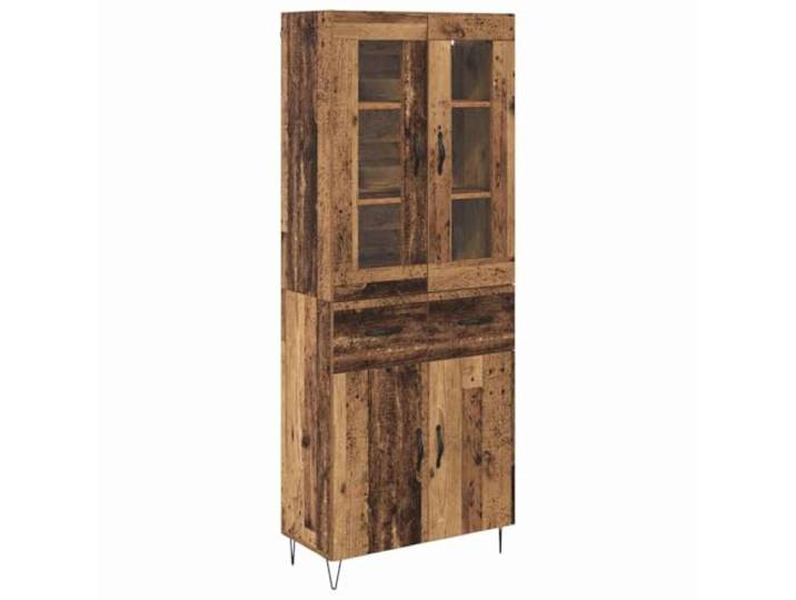 Roanoer Highboard Altholz-Optik 69,5x34x90 cm Kommode mit Glastüren Vielseitiger Anrichteschrank für Wohnzimmer und Esszimmer mit transparenten Glastüren, Schubladen und stabilen Metallbeinen.