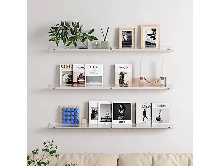 REcsdza Schwebendes Wandbücherregal 4cm Acryl-Hochfrontlippe bis 10kg Holzregale(120x14x4cm)