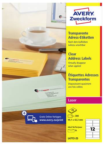 Zweckform Avery-L4772-25 Adress-Etiketten 99.1 x 42.3mm Polyester-Folie Transparent 300 St. Permanent haftend Laserdrucker