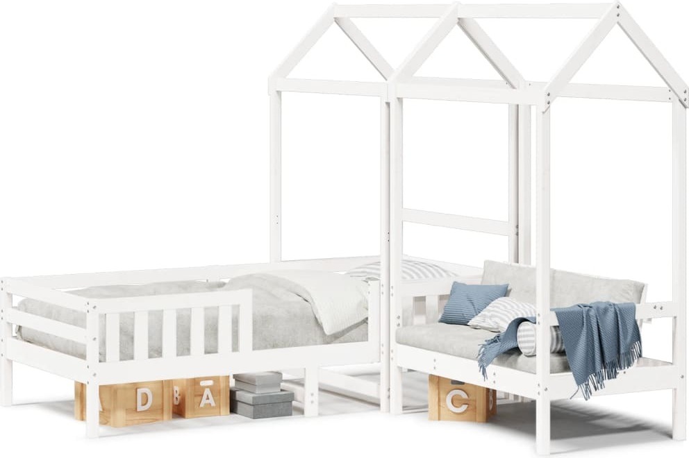 Maison Exclusive - Massivholzbett und Bank mit Dach Weiß 75x190 cm Kiefernholz