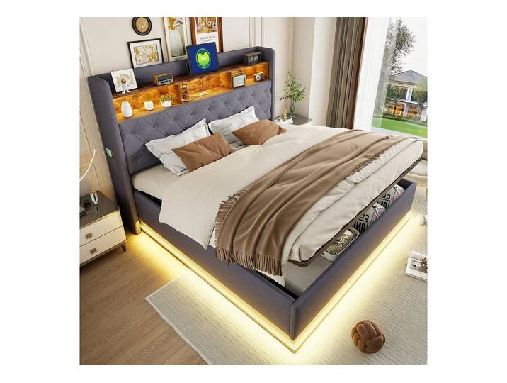 HAUSS SPOLE Polsterbett 180x200cm Stauraumbett mit USB-Ladeanschluss, LED-Licht, Leinen, Grau