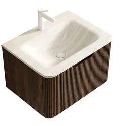 STILVORA Waschtisch 37×60×46 cm mit Roma Travertin Sinterstein und Walnuss Holz, Aufgebaut und mit Soft-Close-LED