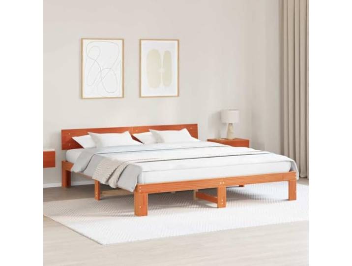 YUTAASU Bettrahmen Massivholz 200x200 Wachsbraun Kiefernholz Bett mit Kopfteil, Fester Lattenrost, Einfache Montage, Pflegeleicht