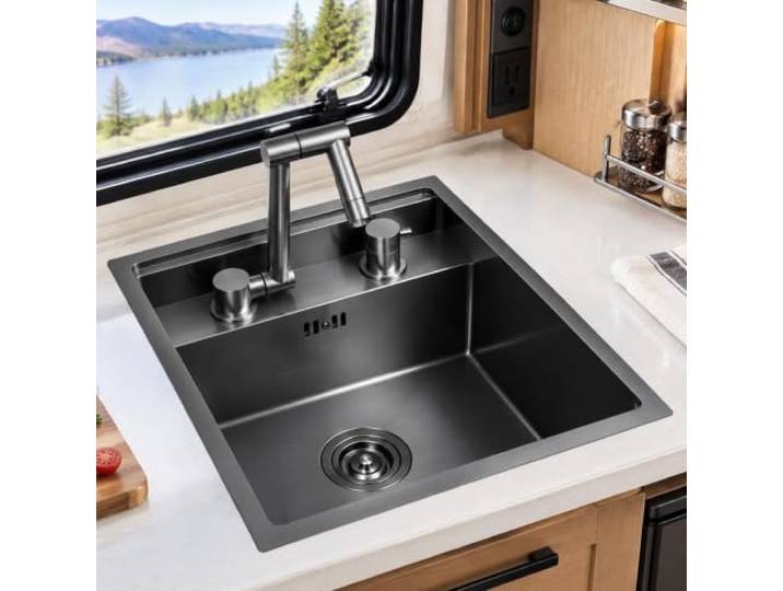 Wohnmobil Küchenspüle aus Edelstahl 304, Camper Spüle, Campingzubehör Quadratische Spüle, 360° Klappbarer Wasserhahn und Abdeckung, Platzsparend(39x43x23cm/15.4x17x9in)