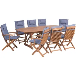 GARTENMÖBEL SET 8-Sitzer Akazienholz hellbraun Auflagen blau Maui