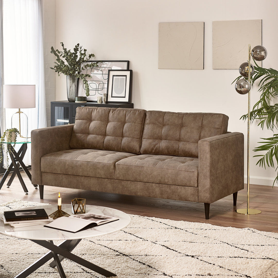 17 Stories Jodi Faux Leather Sofa - Upholstered Modern Retro Fabric Stylish & Contemporary Brown 3 Seater