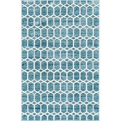 Teppich "Titan Trellis, LAGERRÄUMUNG", blau (blau, elfenbeinfarben), B:152cm H:13mm L:244cm, Polypropylen (PP), MYFLAIR MÖBEL & ACCESSOIRES, Teppiche, Teppich, Kurzflor, gewebt, modernes geometrisches Design
