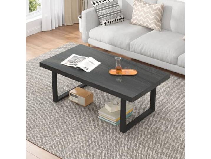 IBF Couchtisch Holz und Metall Einfach Industriell Mitteltisch Minimalistisch Rechteckig Holzern Farmhouse Cocktail Tisch Für Wohnzimmer Dunkelgrau Eiche 120 cm