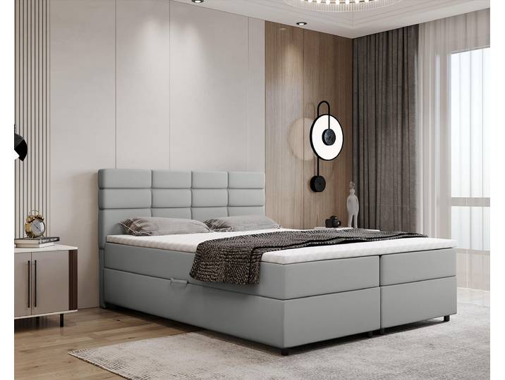 Boxspringbett 160x200, mit Bettkasten, Hellgrau, Matratze und Topper, Doppelbett, REVE, Panda Möbel