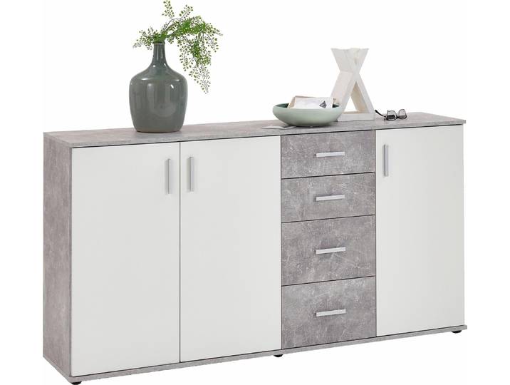 Kommode FMD Albi , weiß (betonfarben, weiß matt, betonfarben), B:160cm H:83cm T:35cm, Holzwerkstoff, Sideboards, Kommode, Kommode 3-türig, 3 Schubladen, 1 Innenboden, Breite 160 cm