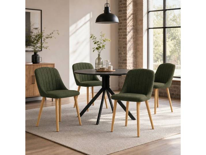GOEURVANT Ensemble Table Ronde Ø100cm Chêne Noir 4 Chaises Vert Olive Tissu Texturé Plateau Monobloc Pieds Métal Salle à Manger