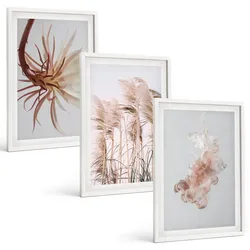 BILDER SET 3er Set - 40x60 cm Weißer Rahmen - Set aus Gras, Blumen und hellem Hintergrund