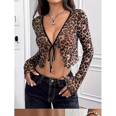 Damen Wickel-Crop-Top Sexy Langarm V Ausschnitt Crop Tops Kaki Sommer Frühling