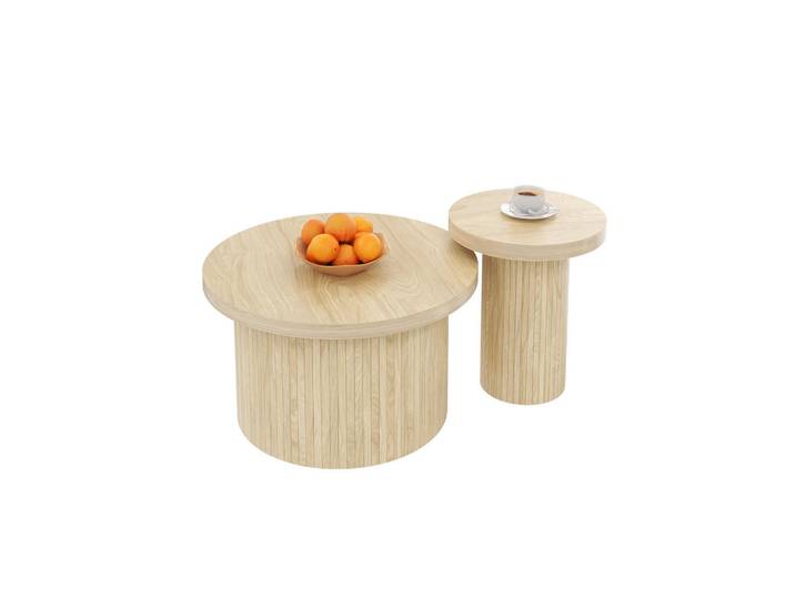 Evryae Couchtisch 2er mit runder Form Naturholzlatten Multifunktionaler Wohnzimmertisch, Naturfarben, Rund,Rund, 66x40x66 cm, Wohnzimmer, Wohnzimmertische, Couchtische