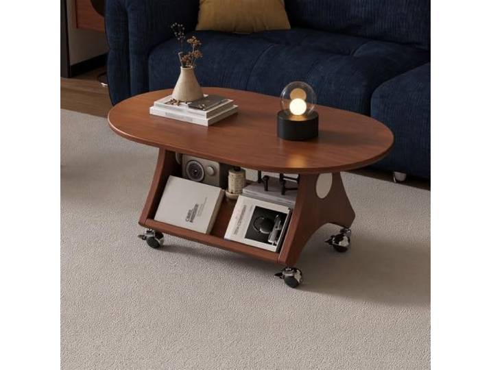 Ovaler Massivholz-Couchtisch mit Rollen, Französischer Vintage-Stil Massivholz-Konstruktion, ovales Design, mobile Rollen, Creme-Stil, französischer Vintage, Möbel für kleine Räume, Wohnzimmer