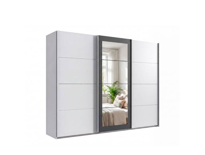 Schwebetürenschrank 3-trg Kleiderschrank 270 cm in Weiß m. Spiegel umrahmt in Grafit / 22629