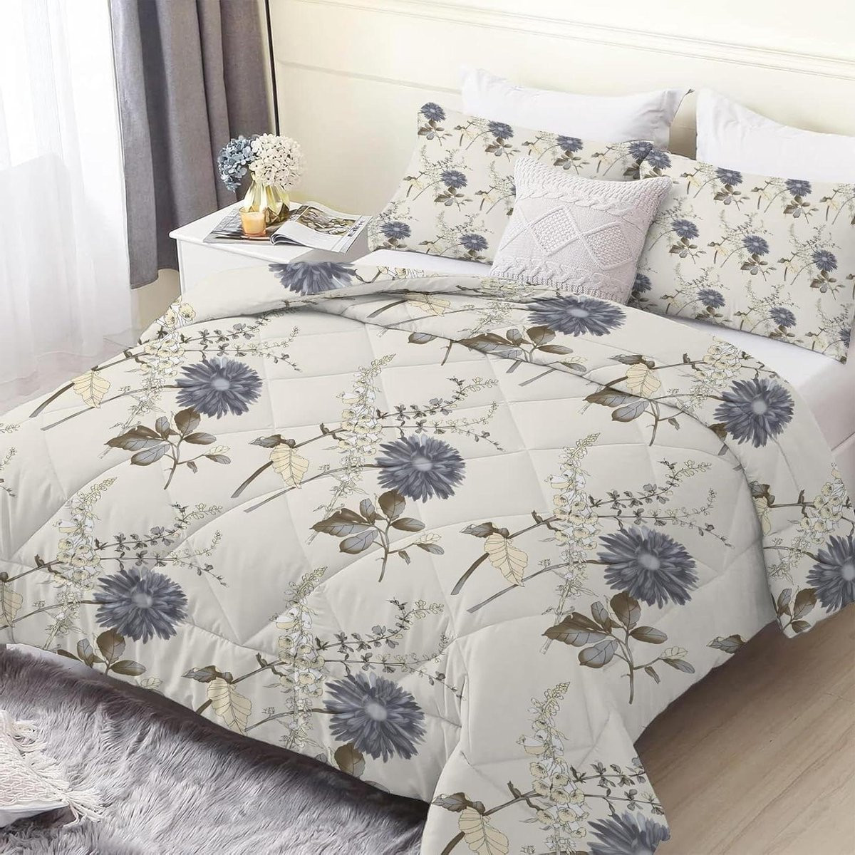 Dekbedset met kussenslopen in beige met omkeerbaar bloemendessin, 200x200 cm
