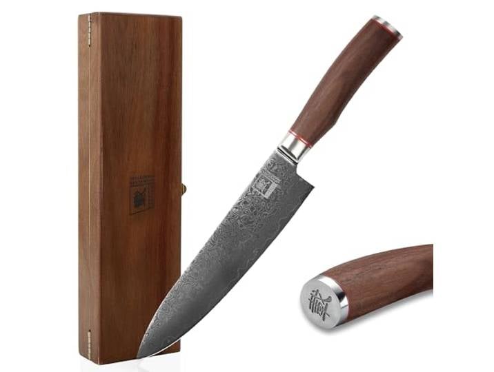 zayiko Kurumi Chefmesser 20 cm aus 67 Lagen Damaststahl, Nussbaumholzgriff VG10 Kern, 60 ± 2 HRC, beidseitiger 15 Grad V-Schliff und Holzbox für Fleisch, Fisch, Gemüse, Kräuter und feine Wiegeschnitte