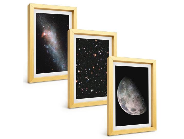 BILDER SET 3er Set - 20x30 cm Goldrahmen - Weltraum Galaxien Sterne Mond